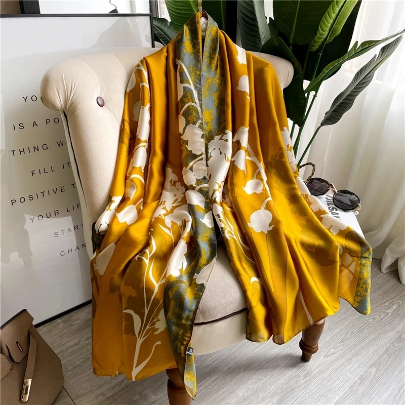 

180*90cm Large Silk Satin Scarf Hijab Women Print Spring New Shawl Wrap Female Hand Bag Foulard Pashmina Travel Echarpe 2022
