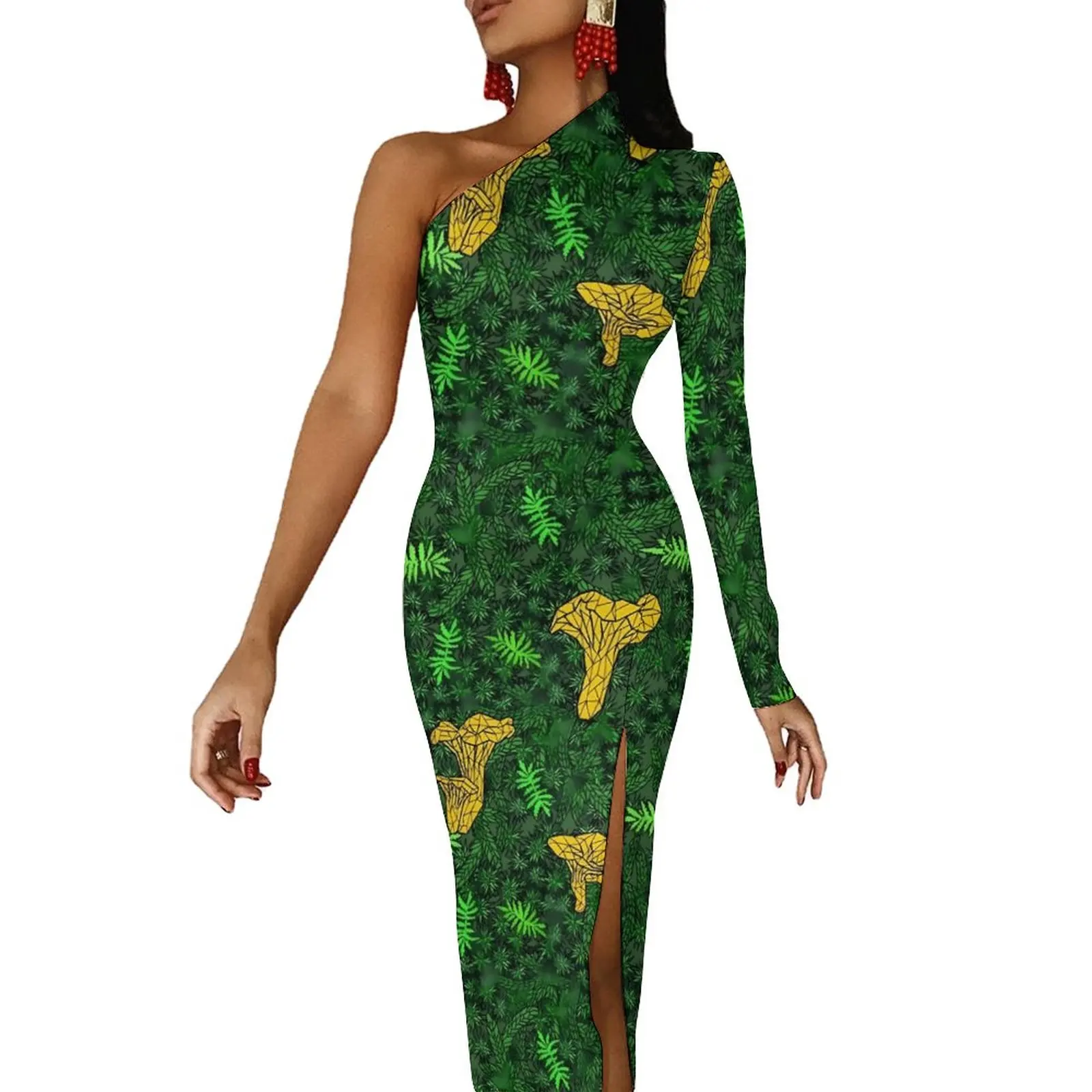 

Chanterelle Moss Maxi Dress One Shoulder Green Leaf Print Sexy Bodycon Dress Summer Party Long Dresses Ladies Graphic Vestidos