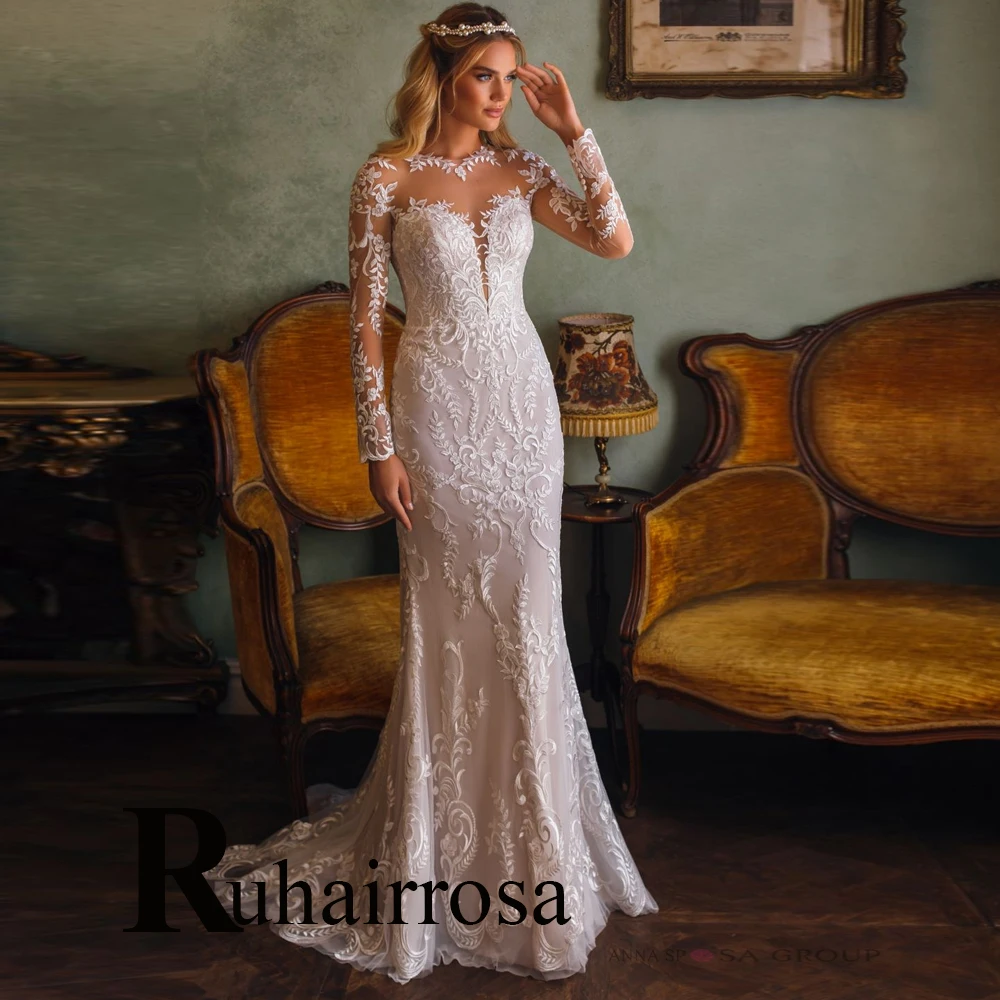 

Ruhair Exquisite Trumpet Scoop V-Neck Long Sleeves Wedding Gown Illusion For Bride Appliques Lace Robe De Mariée Made To Order