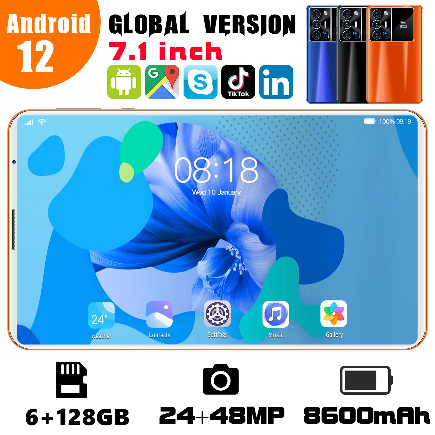 

Мини-планшет на Android 12, 8600 мАч, 7,1 дюйма, 6 + 128 ГБ, GPS