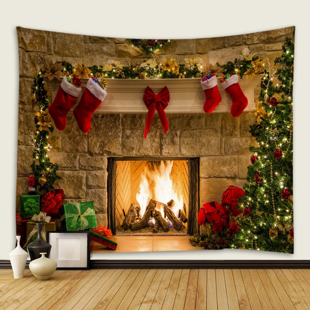 

Christmas Tapestry Snowflakes Santa Claus Winter Night Hanging Cloth Fireplace Home Decor Christmas Wall Decorations for Home