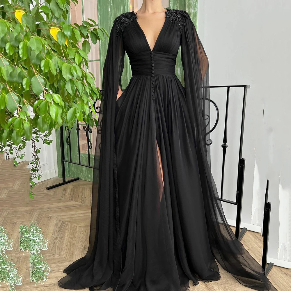 

UZN Black A-Line Beading Chiffon Prom Dress V-Neck Long Puffy Sleeves Evening Gowns Robe De Bal Sexy High Slit Dubai Women Party