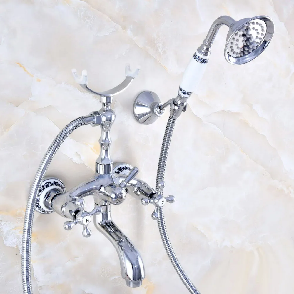 

Polished Chrome Brass Wall Mounted Bathroom Clawfoot Tub Faucet Mixer Tap Telephone Shower Head Dual Cross Handles ana762