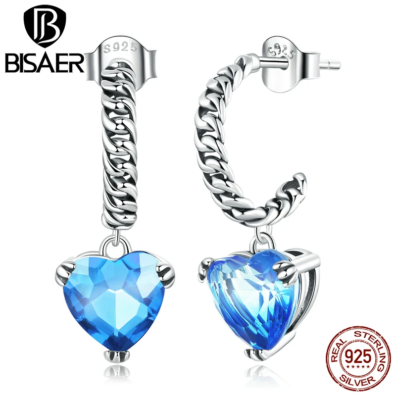 BISAER 925 Стерлинговое Серебро серьги-гвоздики в форме сердца цепь голубое стекло с