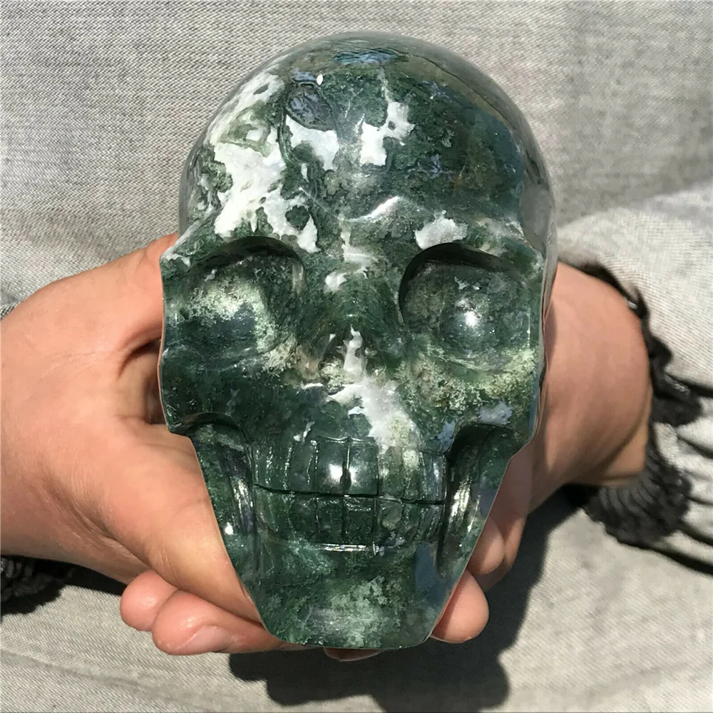 

NATURAL MOSS AGATE CRYSTAL QUARTZ SKULL REIKI HEALING ROOM DECORATION