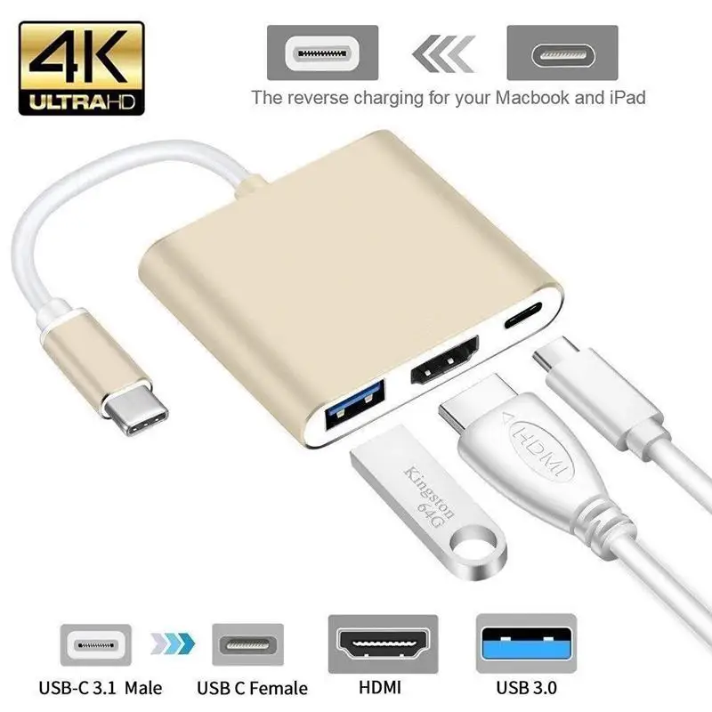 Type-C HUB USB C To HDMI Cable Adapter Splitter USB-C 3 IN 1 4K HDMI USB 3.0 PD Fast Charging Smart Adapter For MacBook Dell
