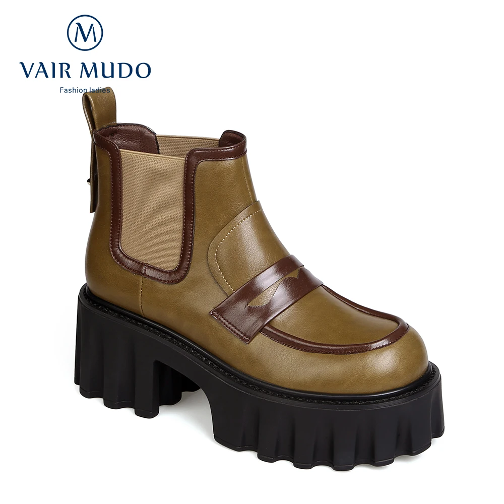 

VAIR MUDO Women Thick HIgh Heels Ankle Boots Waterproof Platform Autumn Spring Shoes Sheepskin Slip On Non-slip Solid Footwear