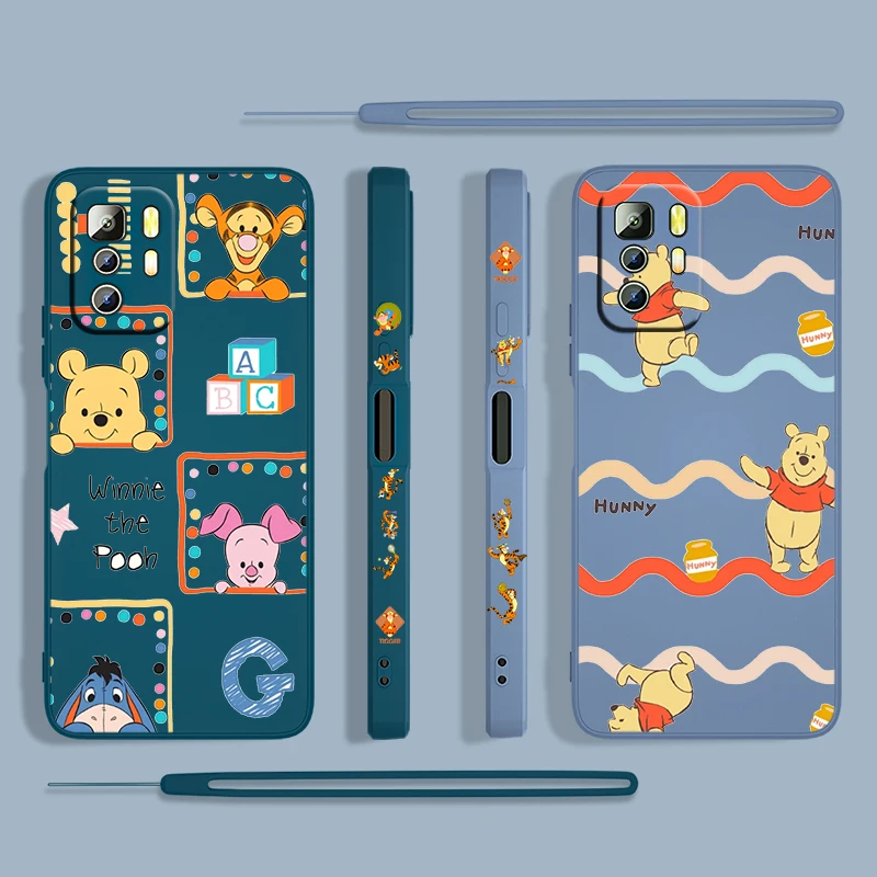 

Cute Winnie the Pooh Anime Phone Case For Xiaomi Redmi Note 11 11S 10 10S 9 9S 9T 8 8T 7 5 Pro 5G Liquid Left Rope Silicone Capa