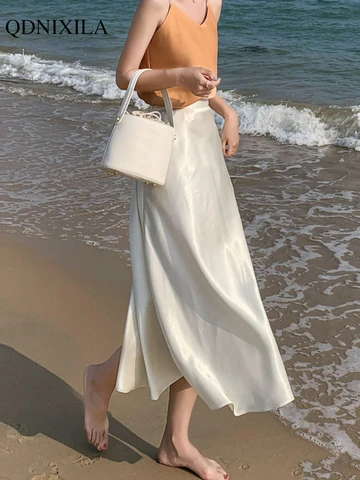 2022 Summer New Women's Skirts Fashion Elegant Acetic Acid Fabric Midi Length High Waist Streetwear Satin Thin White Woman Skirt