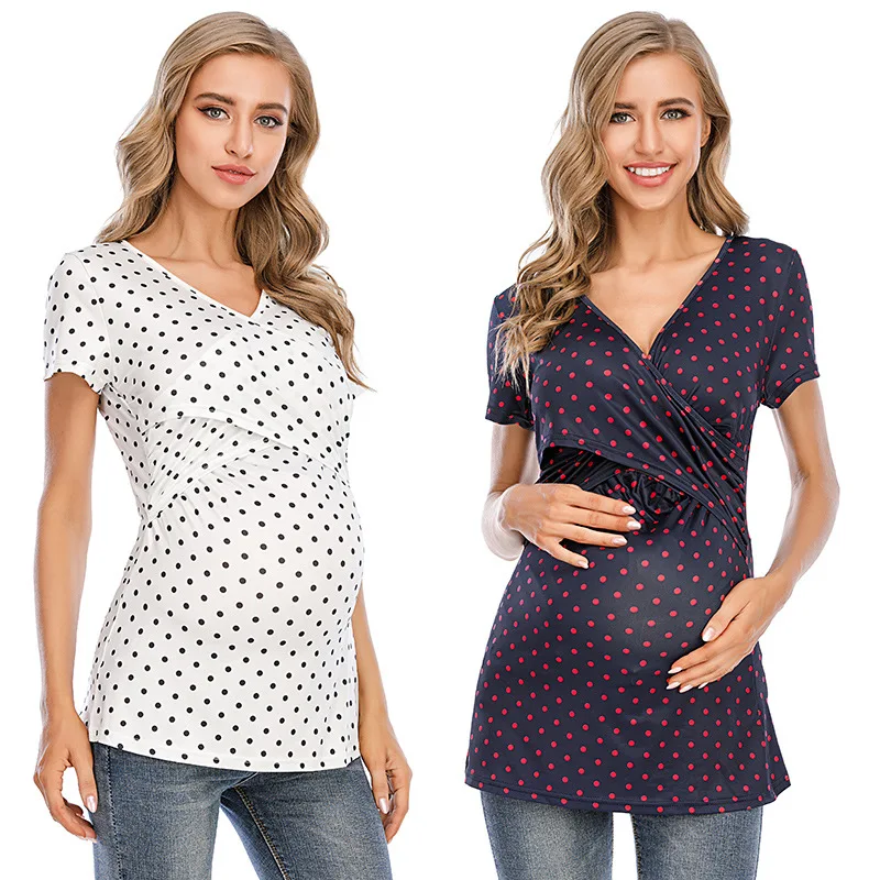 

Maternity Clothes 2022 Summer Short Sleeve Pregnant Breast-Feeding T-Shirt Polka Dots V-neck Nursing Tops For Woman 6129