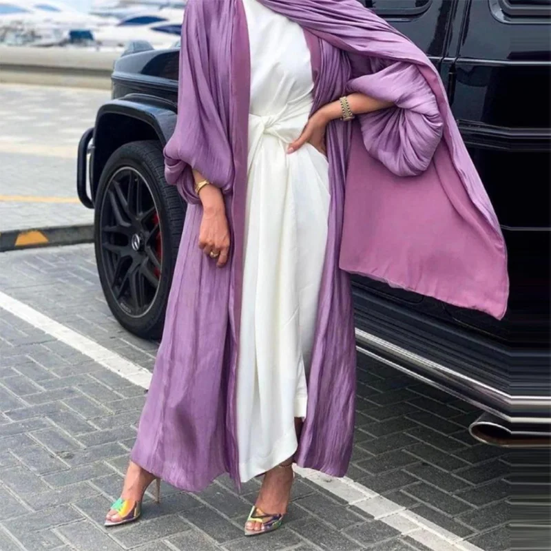 Muslim Dress Women Abaya Middle East Dubai Hijab Cardigan Gown Satin Lace Up Bubble Sleeve Vestidos Largos Robe Femme Musulmane