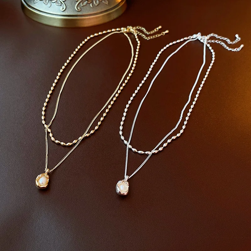 

French Simple Irregular Pearl Double-layer Necklace Fashion Ins Versatile Collarbone Chain Temperament Necklace