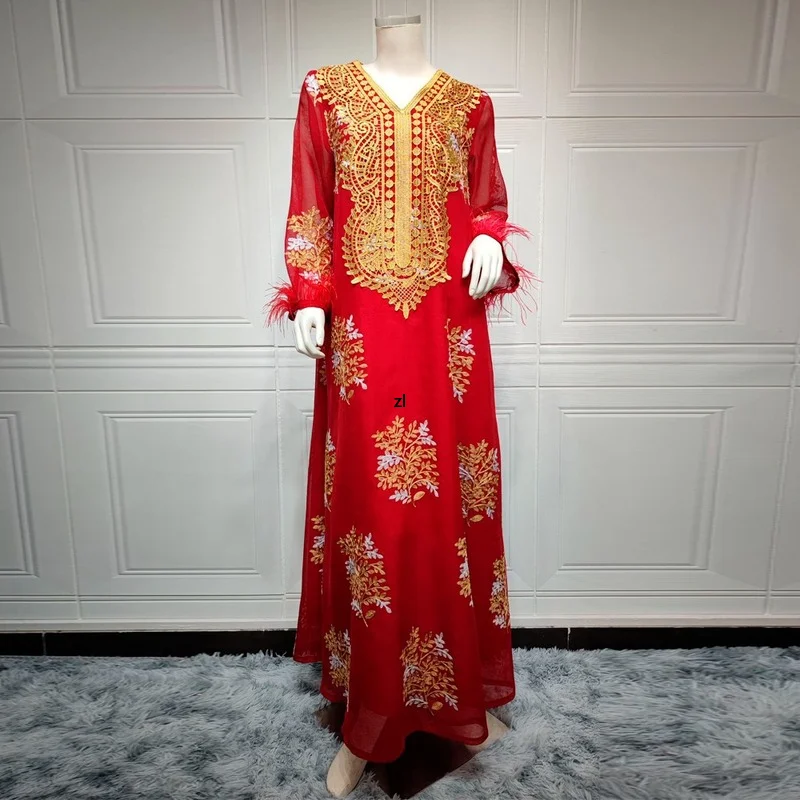 Muslim Dubai Abaya Islamic Clothes For Women Luxury Wedding Party Evening Gown Floral Embroidery Feather Boho Maxi Dress Bubu