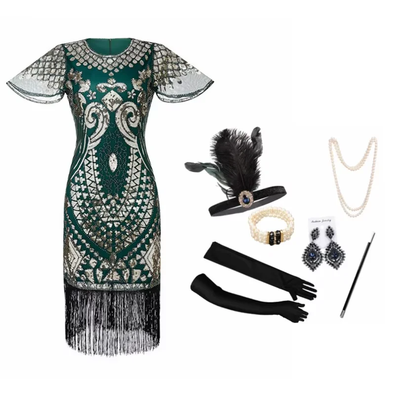 Винтажное платье с блестками 1920-х годов и повязкой на голову ожерелье перчатки