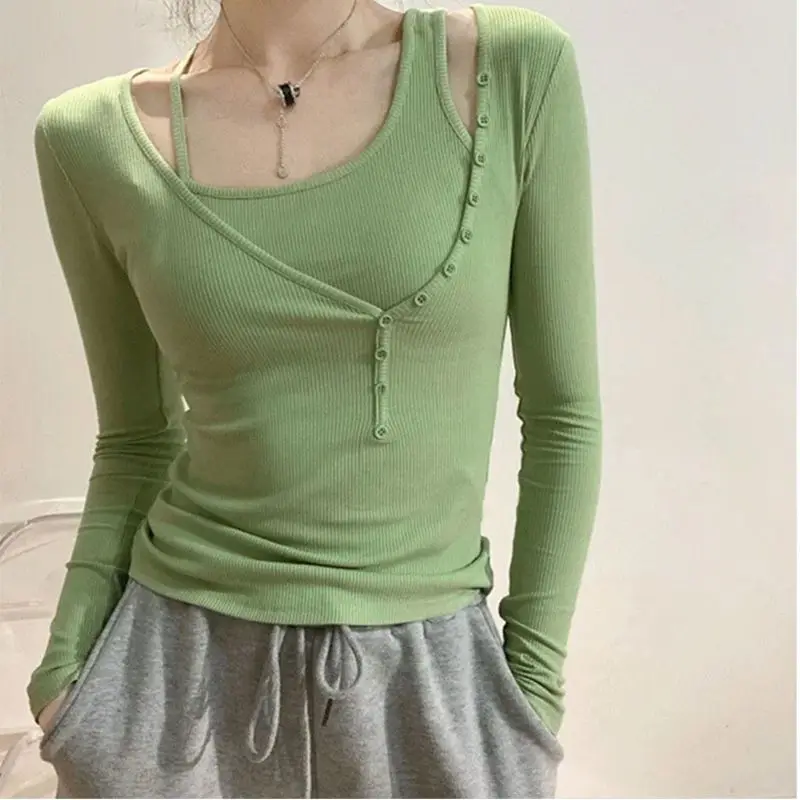 

Модная простая Спортивная футболка женская из двух предметов с длинным рукавом 2022 Ранняя осень тонкая эластичная универсальная Нижняя руб...