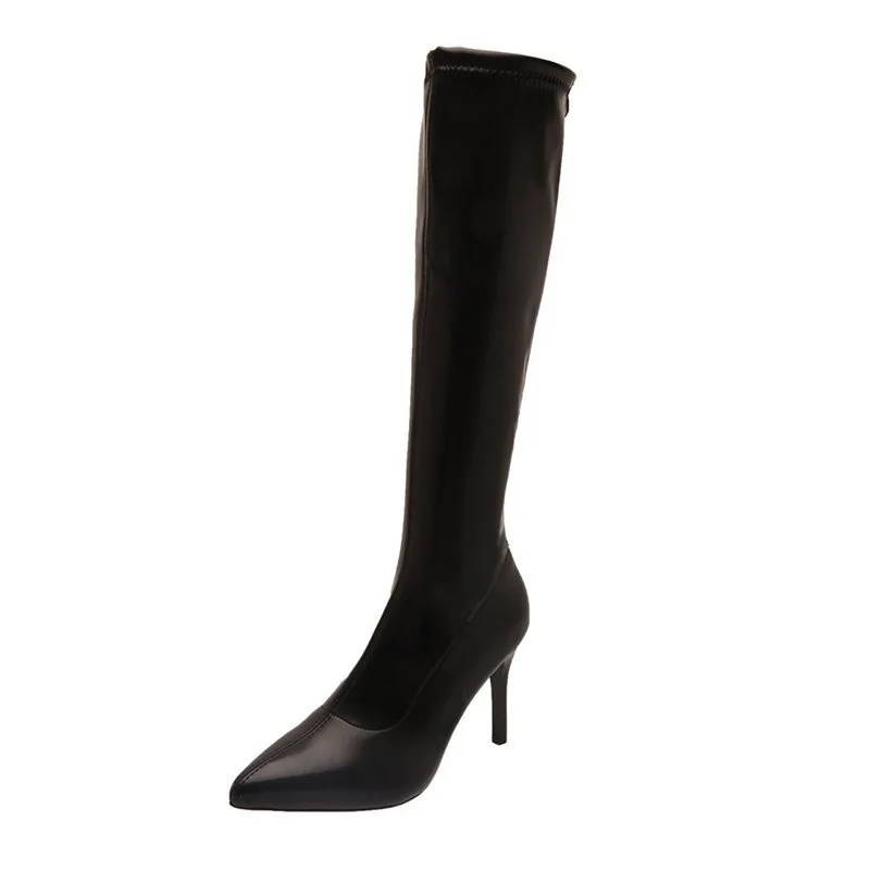 Brand Women Boots Fashion High Heels Knee High Boots Faux Leather Pointed Toe Thin Heel Boots Winter Warm Female Boots Designer