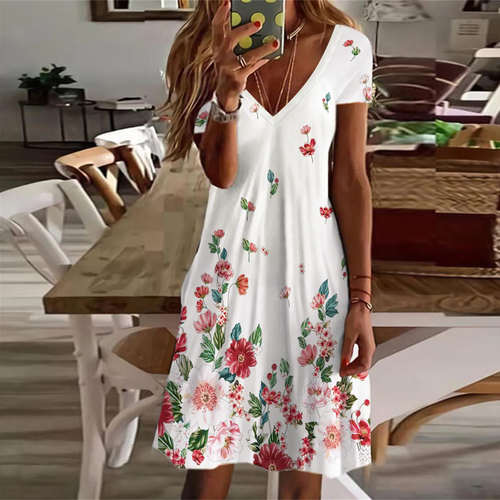 

Women Casual V Neck Summer Floral Printed Short Sleeve Dress Beach Sundress