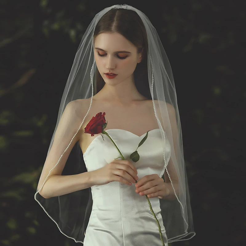 

Изысканная свадебная фата V729 для невесты, однослойная фата из пластика с бисером и краями, белая женская Фата, свадебные аксессуары