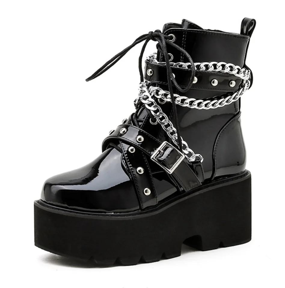 

Fashion Gothic Punk Street Women Ankle Boots Platform Wedges High Heels Short Boots New Design Metal Chain Cosplay Martin Shoes