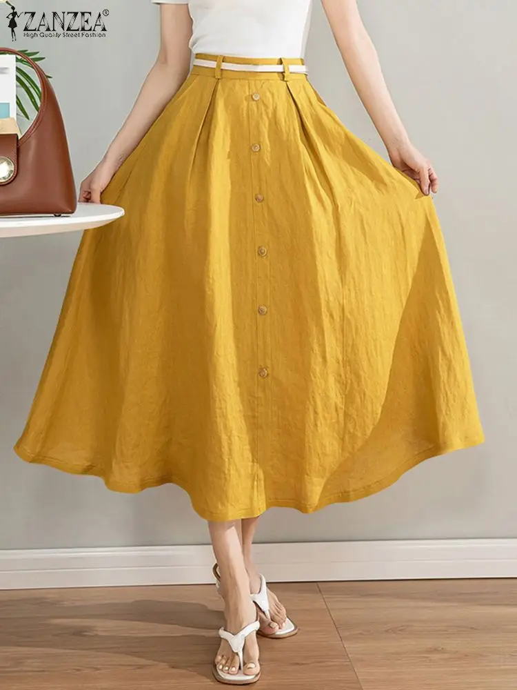 

Юбка ZANZEA Женская свободного покроя, хлопковая Повседневная однотонная Юбка-миди оверсайз, элегантная длинная офисная одежда с завышенной талией, для отдыха