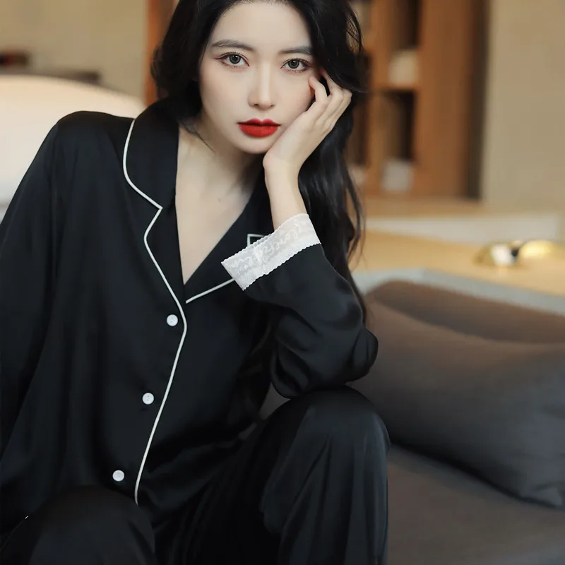 Spring, summer and autumn sexy noble lace long-sleeved silk pajamas women's cardigan thin ice silk outer wear fashion home cloth