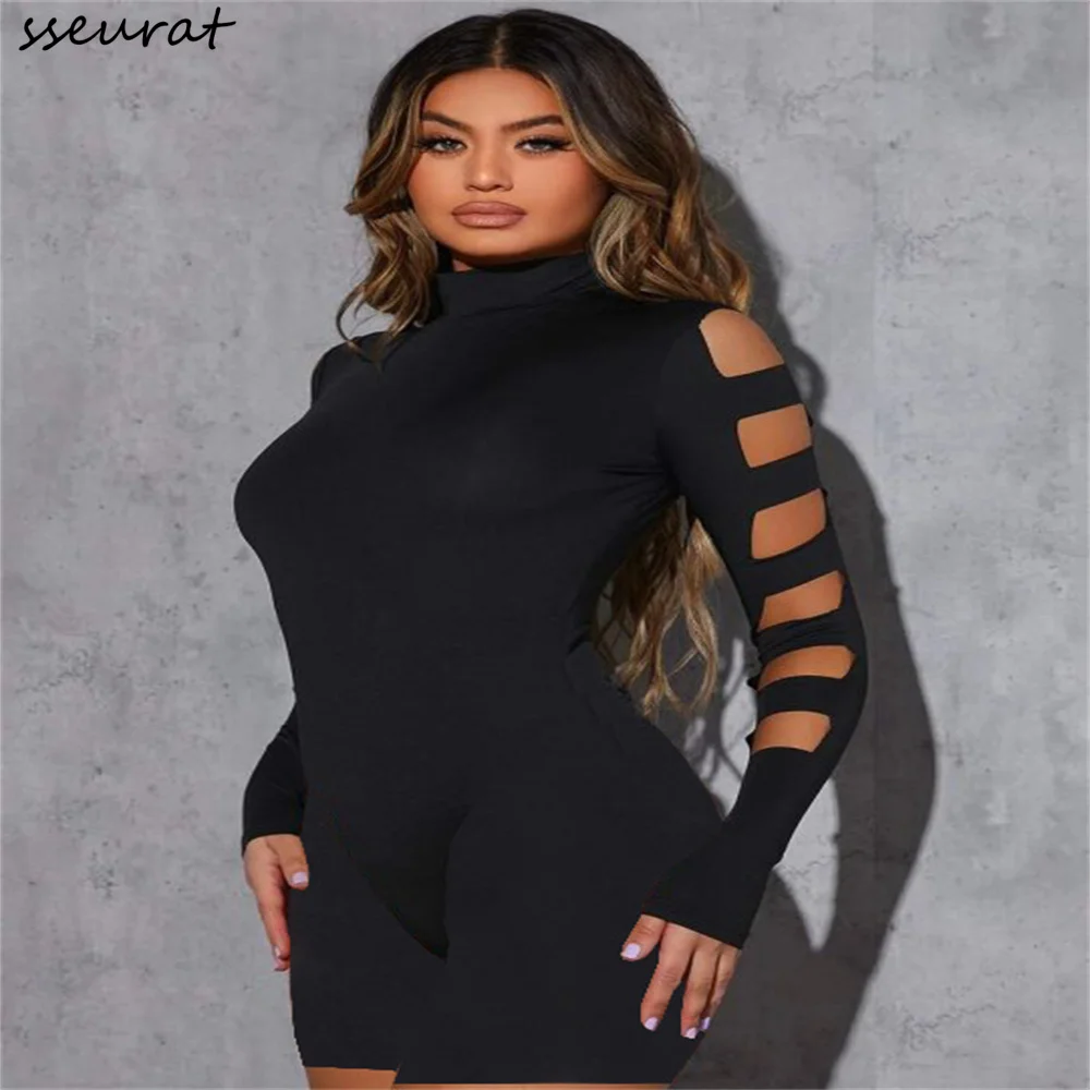 

SSEURAT Women 2022 Summer Yoga Skinny Elastic Cut Out Long Sleeve Moto Biker Romper Playsuit