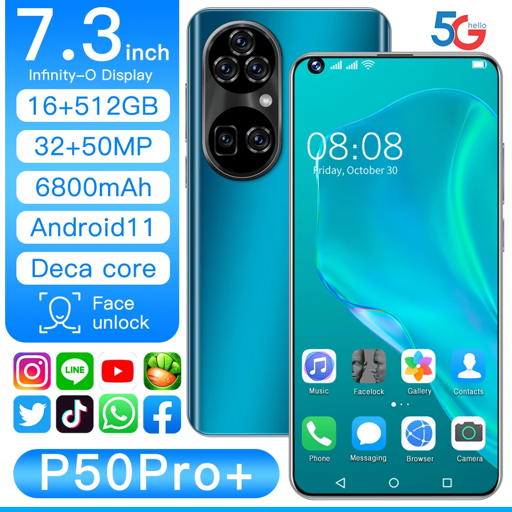 New Hot Selling P50pro Smartphone with Android 11, 16GB+1TB  6800mAh Unlocked Phone Telefone Celulares Global Version 5G Phone