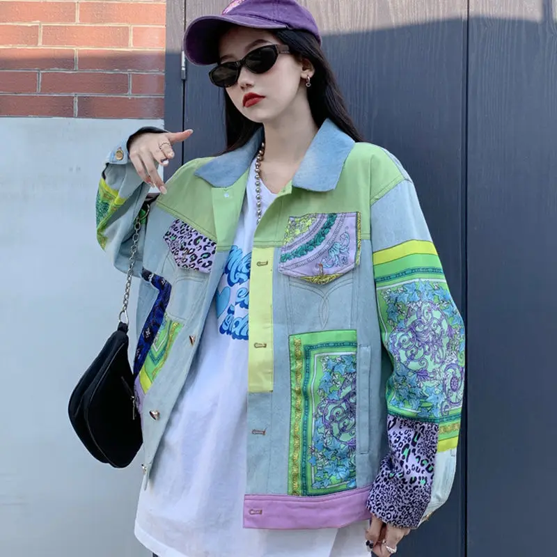 

URIOR 2023 Spring Autumn Women Chic Denim Jacket Hit Color Print Patchwork Lapel Collar Long Sleeve Loose Streetwear Cowboy Coat