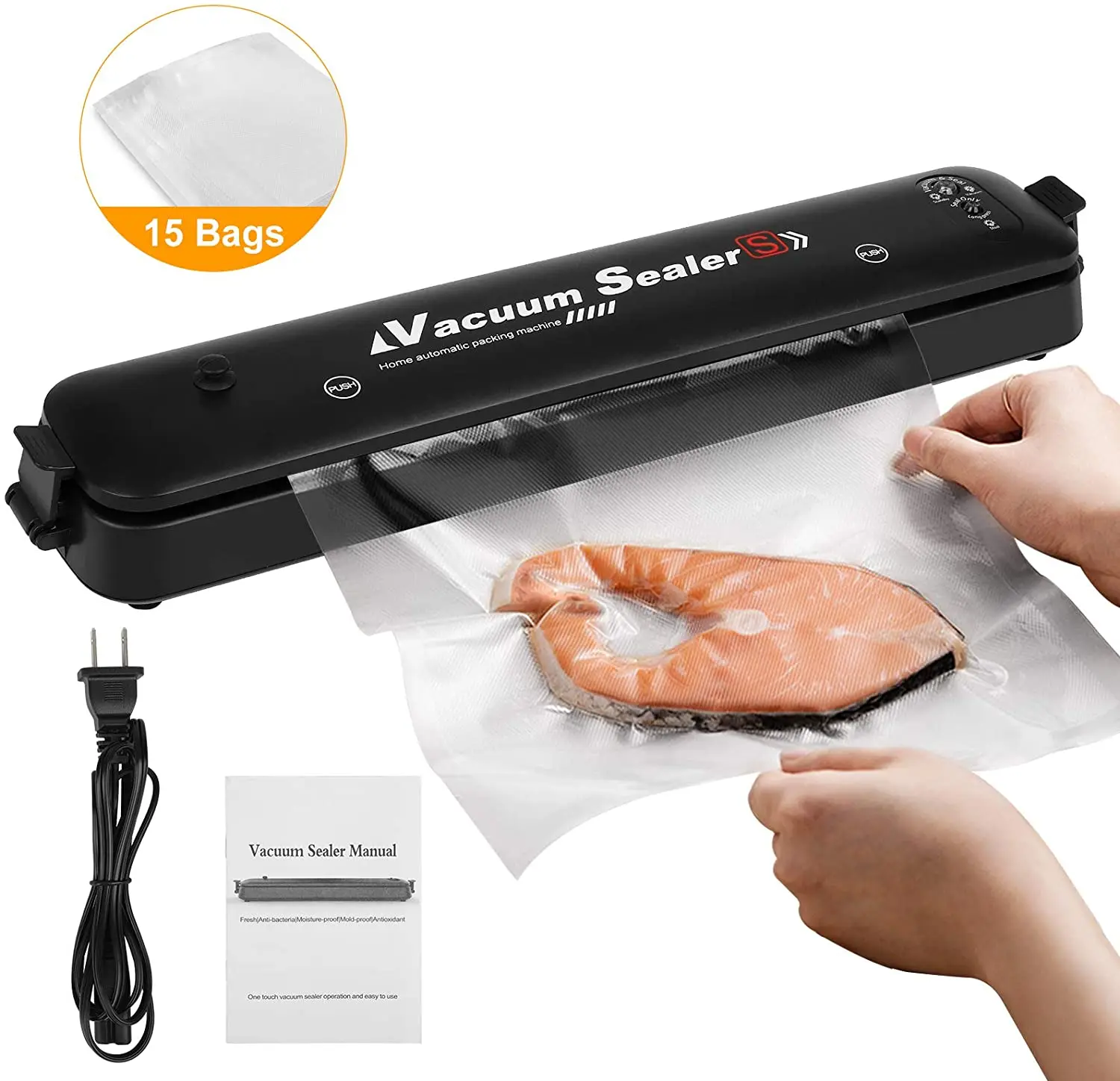 

Household Food Vacuum Sealer Packaging Machine Film Sealer Vacuum Packer Including Free 15pcs Vacuum bags Household Black Food