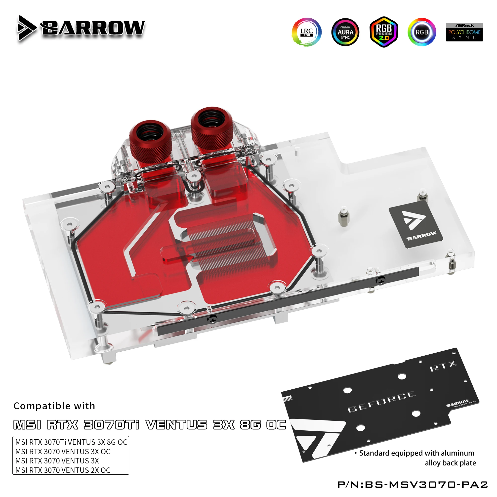 

Barrow BS-MSV3070-PA2 VGA GPU Water Block Cooler For MSI RTX 3070 VENTUS Series Full Coverage RGB Aluminum Backplate 5V M/B SYNC