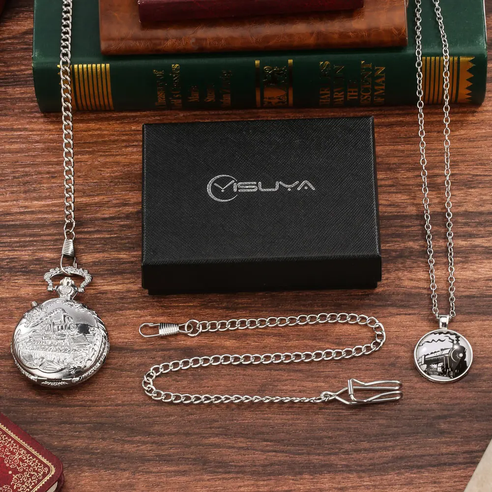 Big Pocket Watch Silver Luxury Led Luminous Steampunk Train Quartz Pocket Watch Necklace Pedent Clock Gifts Set for Men Women