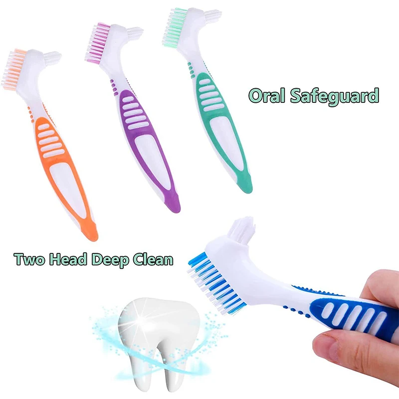 

4 Colors Multi-Layered Bristles Denture Cleaning False Teeth Brush Oral Care Tool Non-slip Ergonomic Rubber Handle Dual Heads