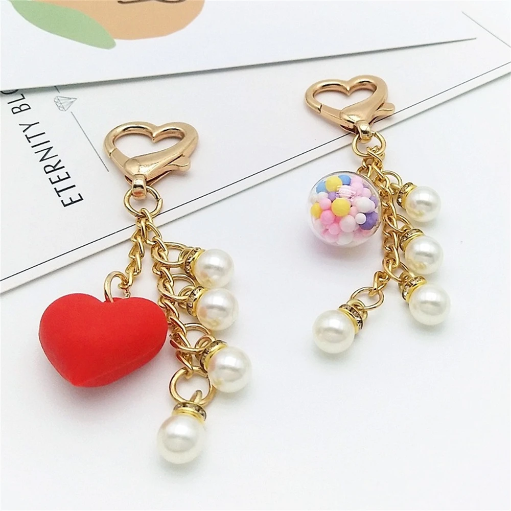 

New Imitated Pearl Pink Love Pendant Keychain Alloy Perfume Bottle Keyring Accessories Women Bag Ornament Electric Bike Keychain