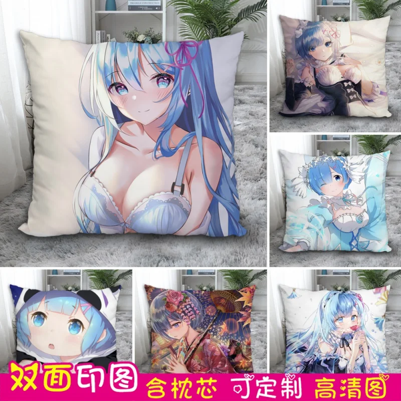 

Anime Re:Life in a different world from zero Rem Cartoon Square Throw Pillow Cosplay Japanese Short Plush Sofa Cushion 45*45cm