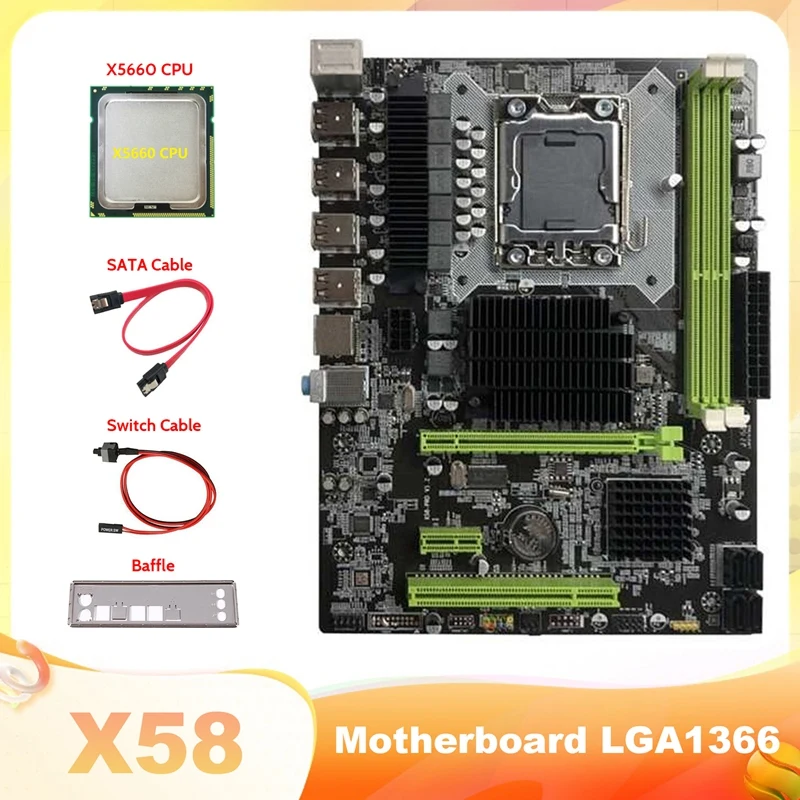 

X58 Motherboard LGA1366 Computer Motherboard Supports DDR3 ECC Memory With X5660 CPU+SATA Cable+Switch Cable