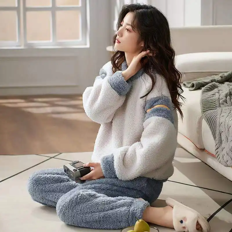 M-4XL Coral Velvet Pajamas Sets Women Winter Thick Warm Flannel Sleepwear Round Neck Loose Pyjamas Suit Home Clothing