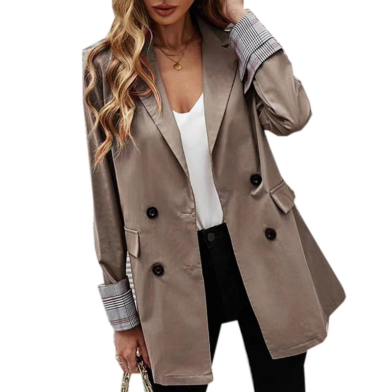 Fashion Blazers for Women Jackets 2023 New Spring Summer Office Ladies Long Coats Notched Double Breasted Outerwear Black Khaki