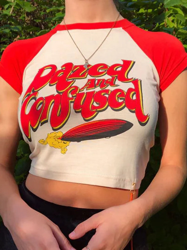 

Sifreyr Contrast Color Letter Print T Shirts Women Fashion Patchwork Round Neck Short Sleeve Crop Tops Streetwear Y2K Baby Tees