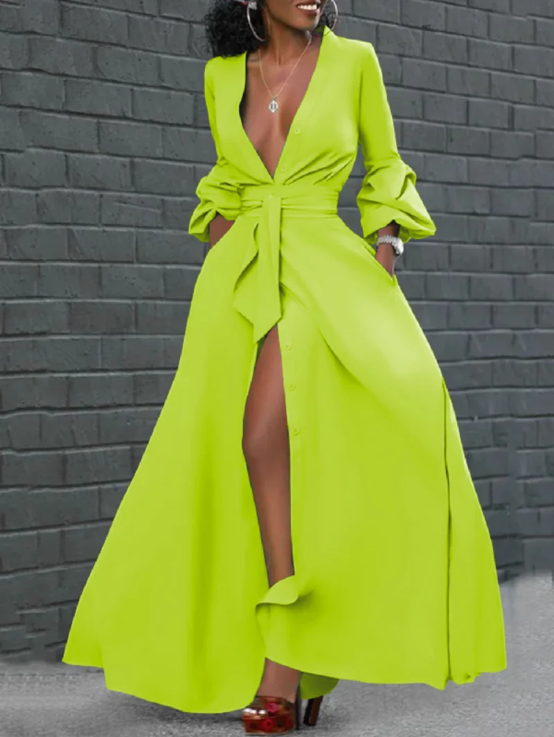 

Yeezzi Female Korean Fashion Puff Sleeves Deep V-Neck Tied A-Line Dress 2023 Spring Summer Solid Color Prom Maxi Dresses Women