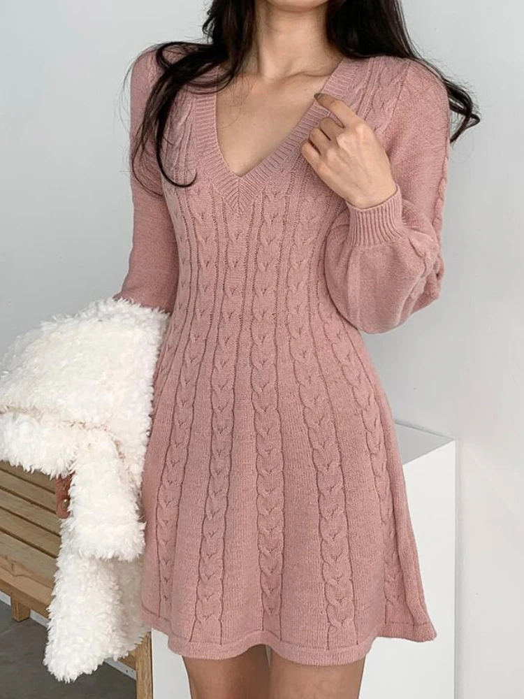 

Vintage V-neck Lantern Sleeve Knit Elegant Vestidos De Mujer Fashion Korean Sweater Bodycon Y2K Mini Dress Women Clothing Autumn