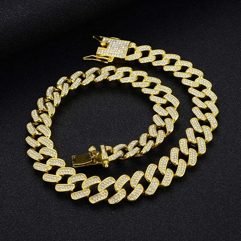

Hip Hop Miami Curb Cuban Link Chain 15mm Iced Out Crystal Necklace Silver Color Full Paved Rhinestone Jewelry for Men Women Gift