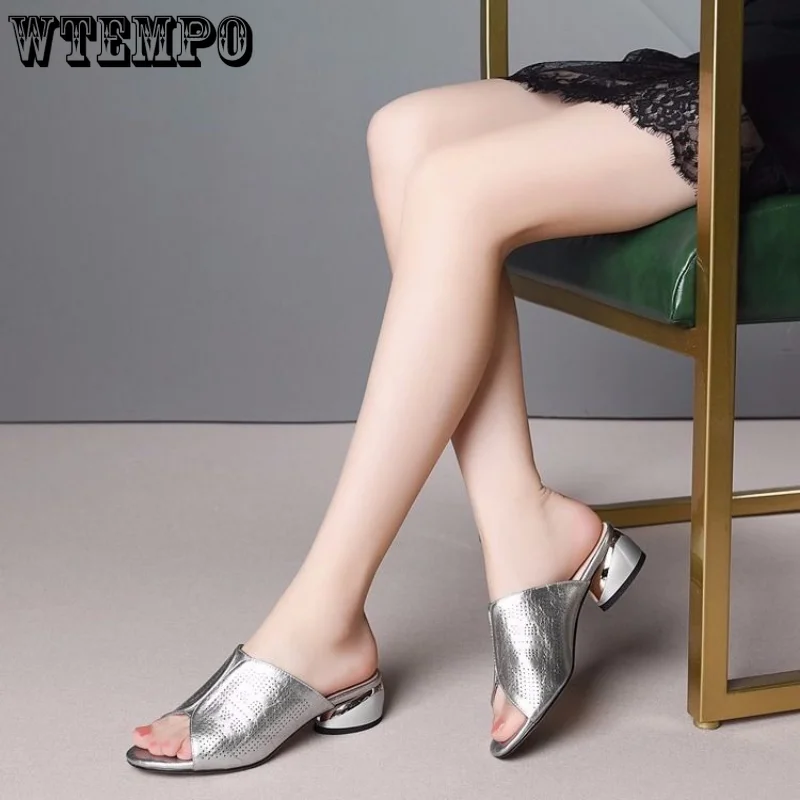 WTEMPO Soft Leather Comfortable Slippers Thick Heels Female High-heeled Sandals Summer Open-toe Antiskid Casual Shoes Wholesale