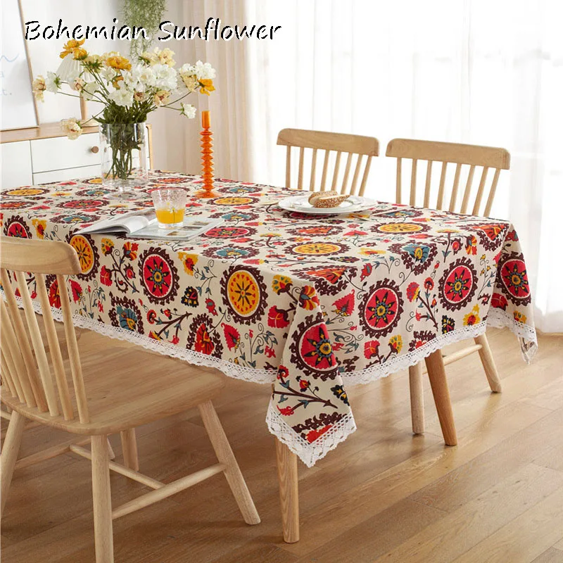 

New Lace Bohemian sunflower flowers Natural Jute Burlap printed table cover cloth towel kitchen tablecloth party Home decor