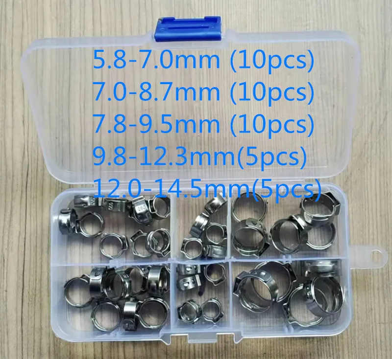 

Free shipping Pipe Clamp High Quality 40 PCS Stainless Steel 304 Single Ear Hose Clamps Assortment Kit Single with box