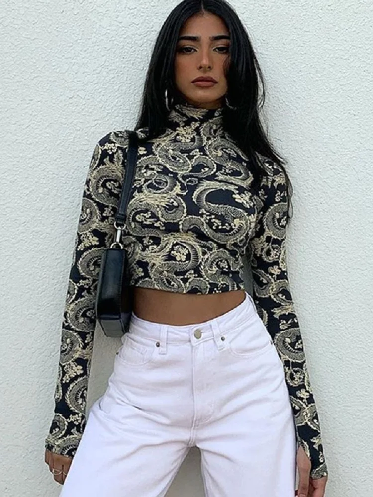 2022 Fashion Trend Women Stylish Dragon Printed Crop Tops Long Sleeve High  Collar Slim T-shirt Skinny Tees for Spring Autumn - купить по выгодной цене  | AliExpress