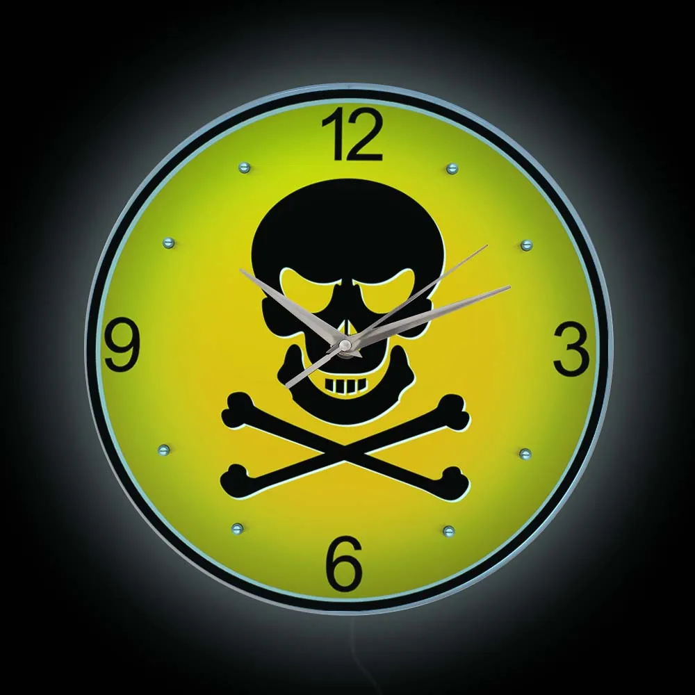 Skull Bones Poison Sign LED Nightlight Wall Clock For Biology Lab Decor Skeleton Hazardous Logo Luminous Neon Sign Wall Watch