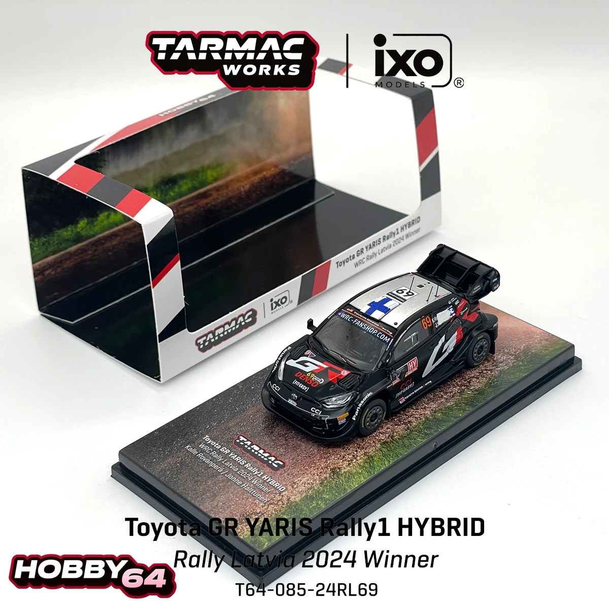 Фото В наличии, быстрая доставка: Tarmac Works X IXO 1:64 GR YARIS Rally1 HYBRID # 69 Латвия 2024 Winner Rally T64-085-24RL69 Модель автомобиля из литого металла №2