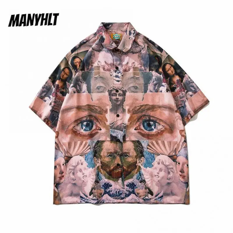 

Summer New 2022 Hip Hop Character Print Mens Casual Shirts Retro Harajuku Oversized Lapel Streetwear Short Sleeve Tops