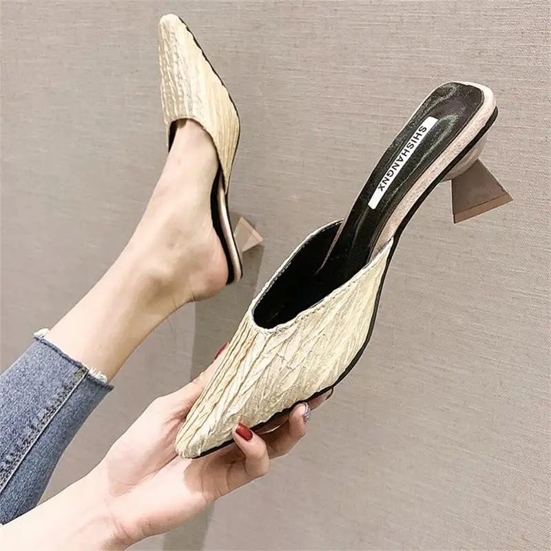 

Female Shoes Pointed Toe Slippers Soft Square heel Women Heels Luxury Slides Mules Sexy Med 2022 Comfort Block High Designer Rom
