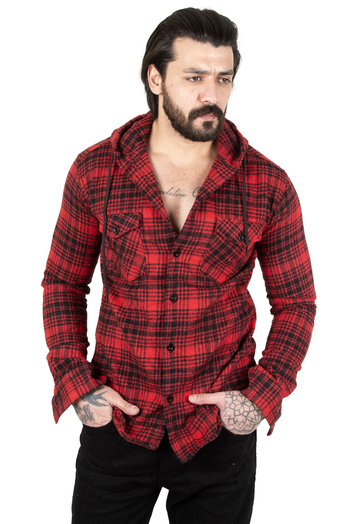 DeepSEA Plaid Pattern Hooded Double Pockets Lumberjack Men Shirt 2201873